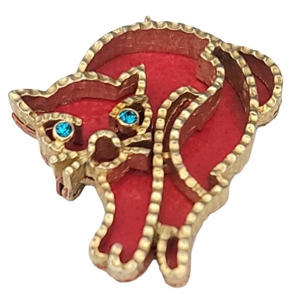 Coro Gold Tone Red Enamel Blue Rhinestone Modernist Cat Brooch Pin, Signed
